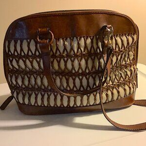 Talbots brown & cream leather and canvas bag - with detachable shoulder strap